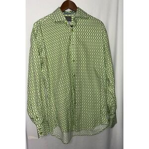Thomas Dean Mens Green Geometric Print Button Up Long Sleeve Shirt Large